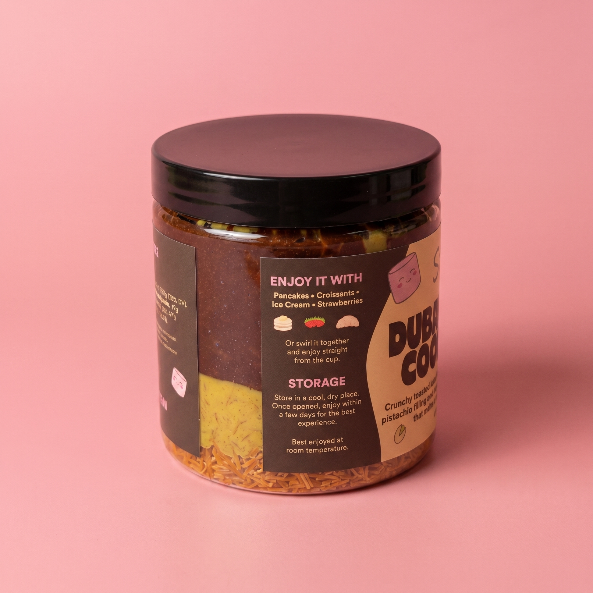 Cup of Dubai Chewy Cookie on a pink background